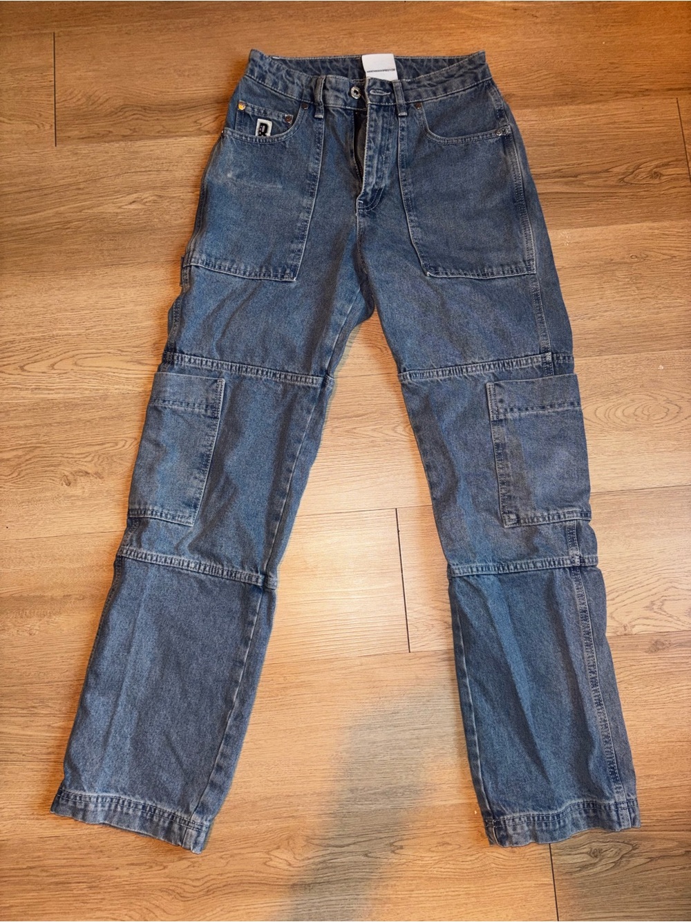 The Ragged Priest high waisted, Blue Straight Leg Cargo Jeans